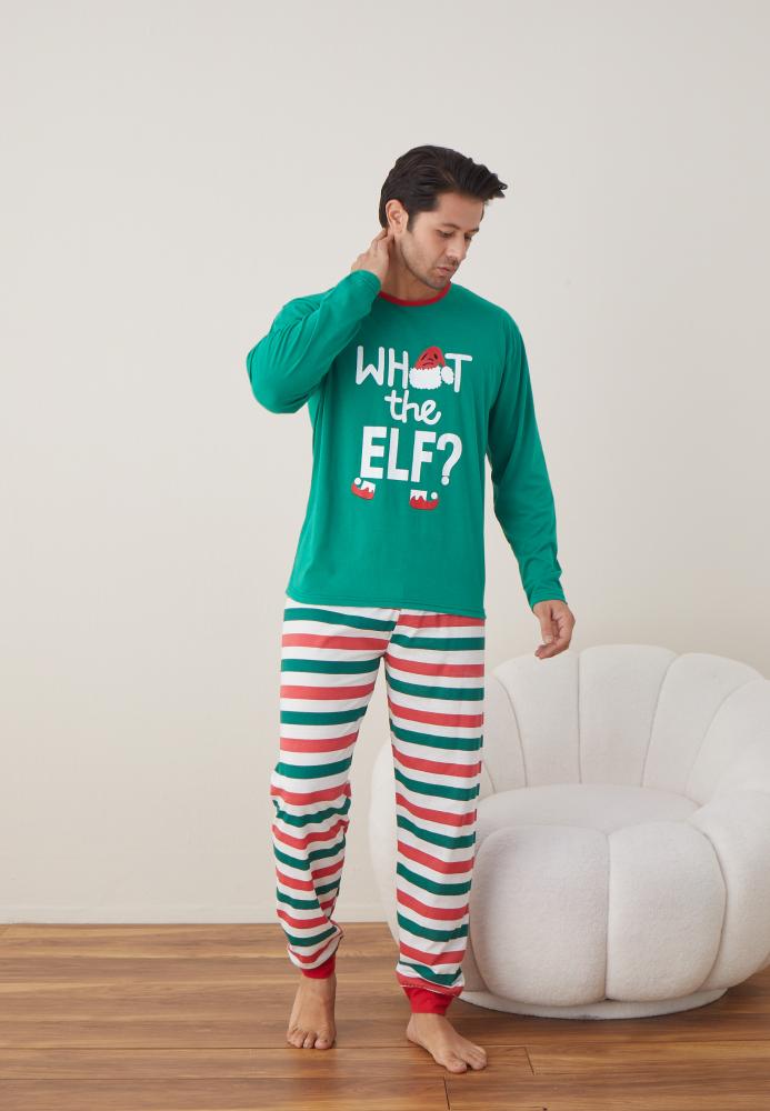 Pijama barbati Craciun "WHAT the ELF?" , maneca lunga ,pantaloni lungi,Culoare Verde ,Engros